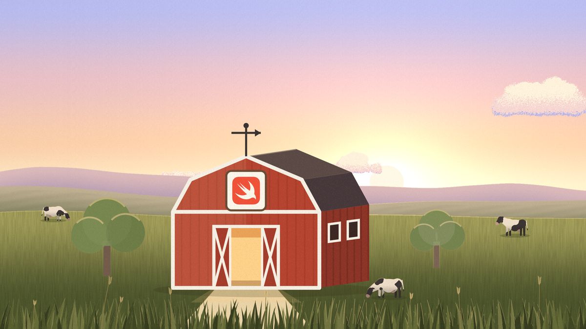 A red barn with the Swift logo on its gable and a weathervane on the roof, in a golden-hour meadow with grazing cows.