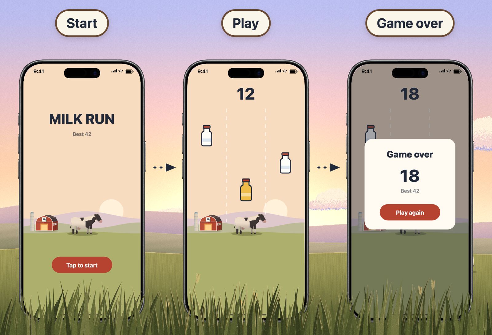 Three iPhones showing Milk Run: a start screen with the cow and a Tap to start button, a run with milk bottles falling and a score of 12, and a game over card with a score of 18 and a Play again button.