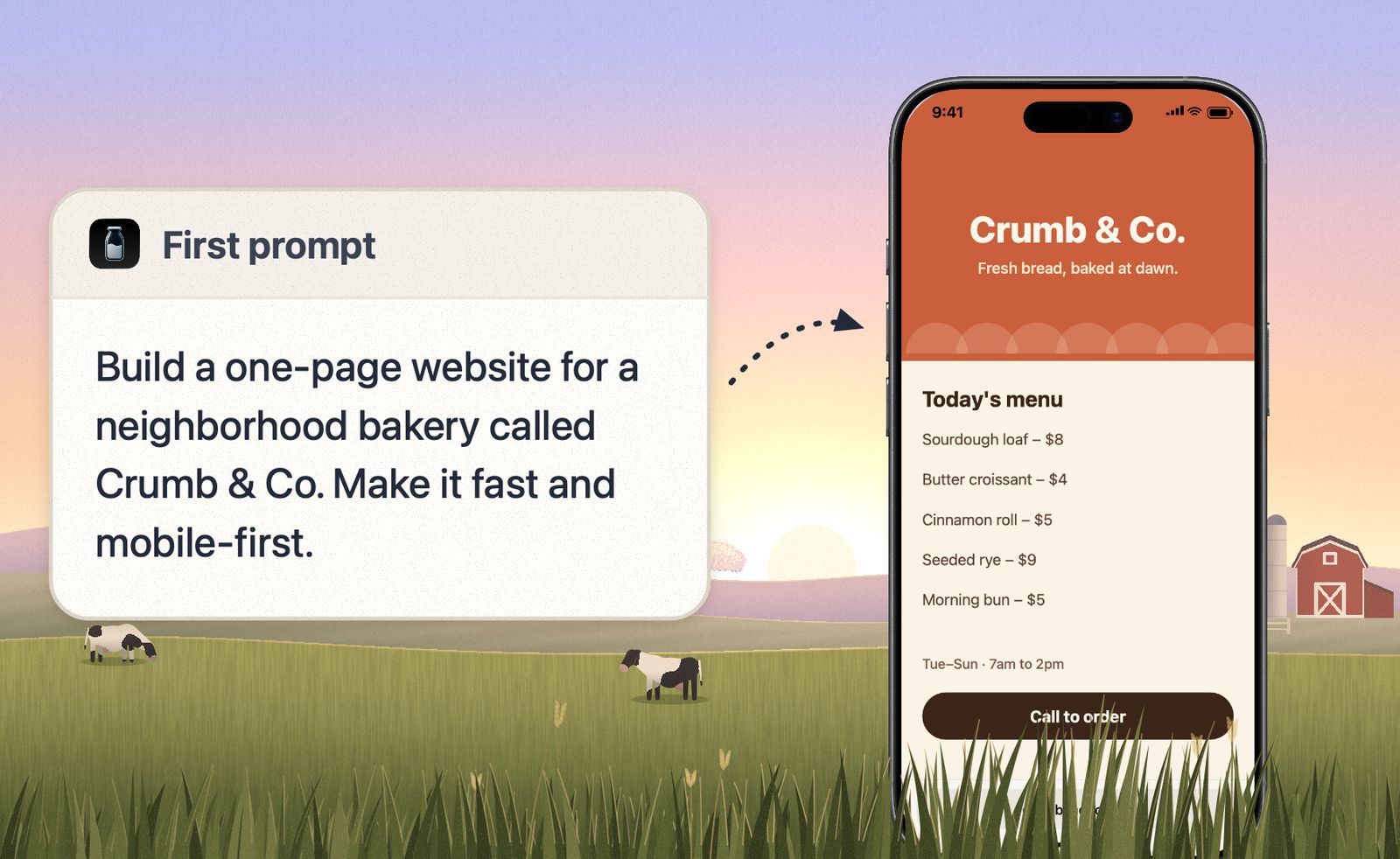 A prompt card for a one-page bakery website beside an iPhone showing the Crumb & Co. site in Safari, with today's menu, opening hours and a Call to order button.