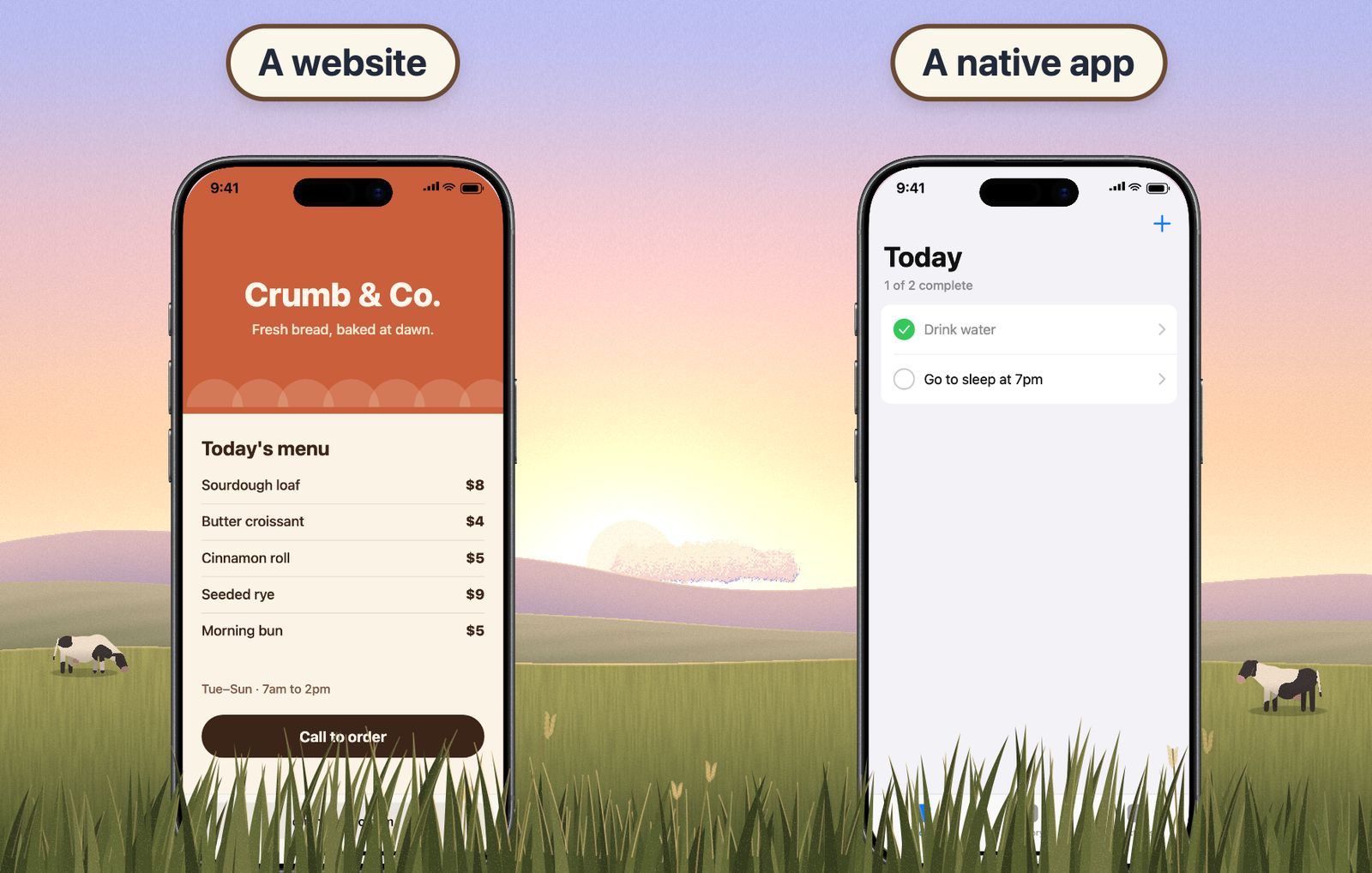 Two iPhones in a meadow: one showing a bakery website in Safari, the other a native SwiftUI app with a Today list and a tab bar.