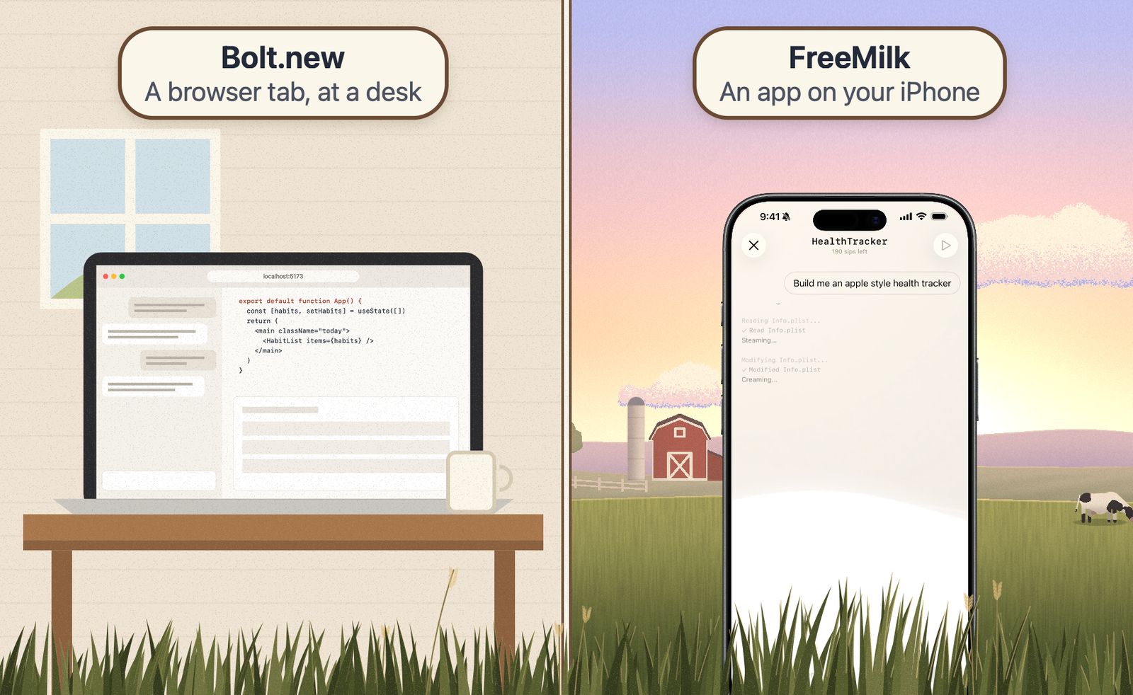 A split scene. On the left, a laptop on a desk shows a browser development environment with a chat, code and a preview. On the right, an iPhone stands in a sunset meadow showing the FreeMilk app.