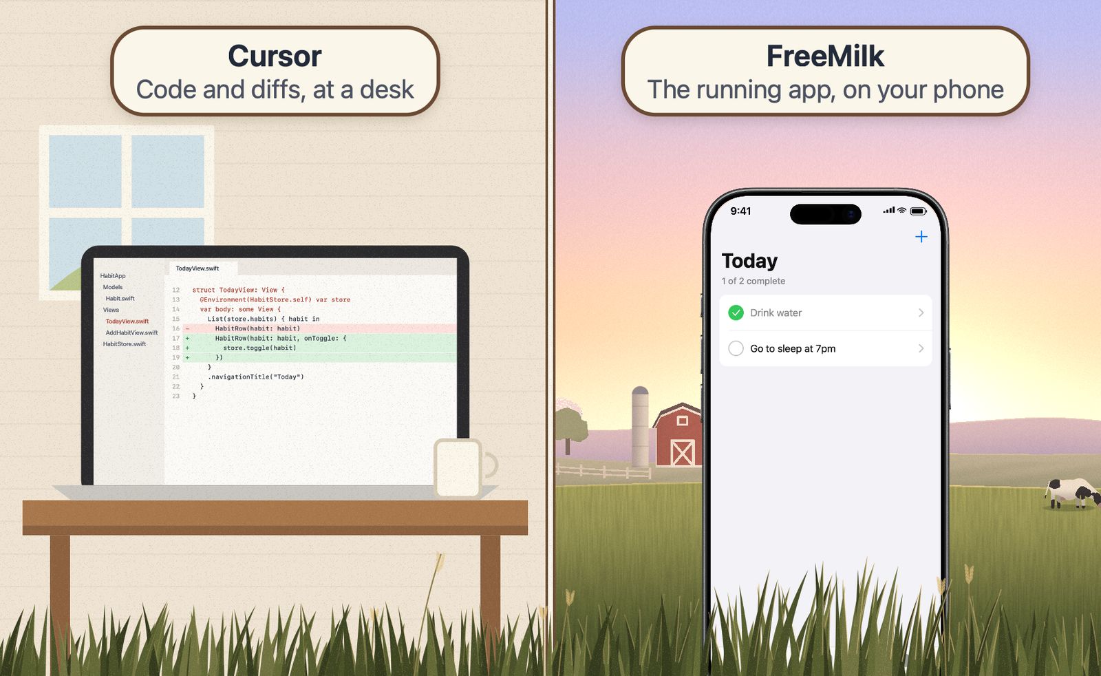 A split scene. On the left, a laptop on a desk shows Swift code with a highlighted diff. On the right, an iPhone stands in a sunset meadow showing a running native app.