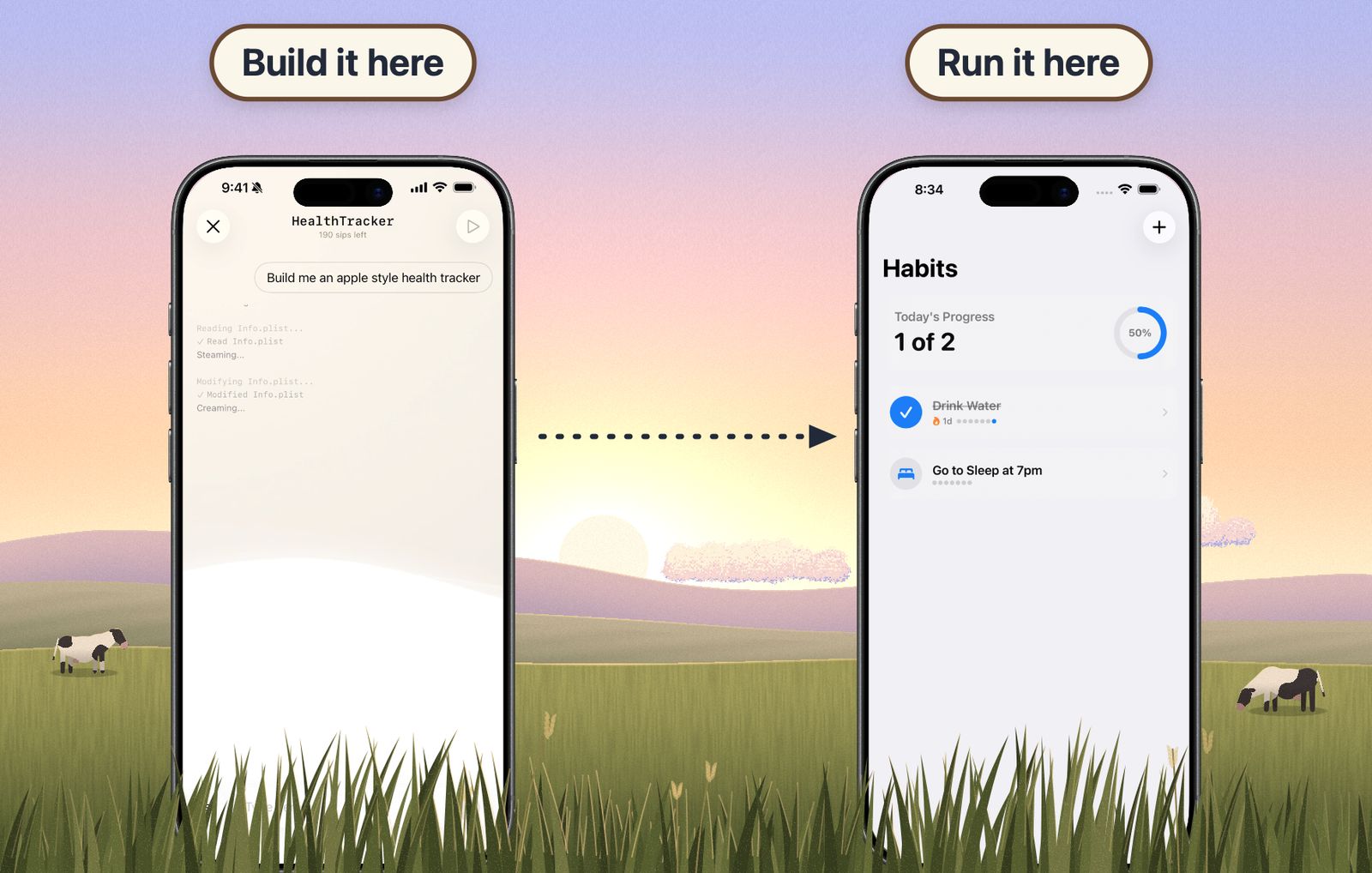 Two iPhones in a meadow: the FreeMilk app receiving a prompt, and the finished habit tracker running on the same kind of phone.