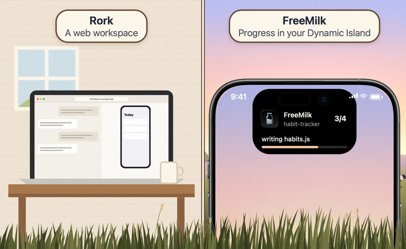 A split scene. On the left, a laptop on a desk shows a web workspace with a chat and a phone preview. On the right, an iPhone stands in a sunset meadow with the Dynamic Island expanded, showing FreeMilk writing habits.js, step 3 of 4.