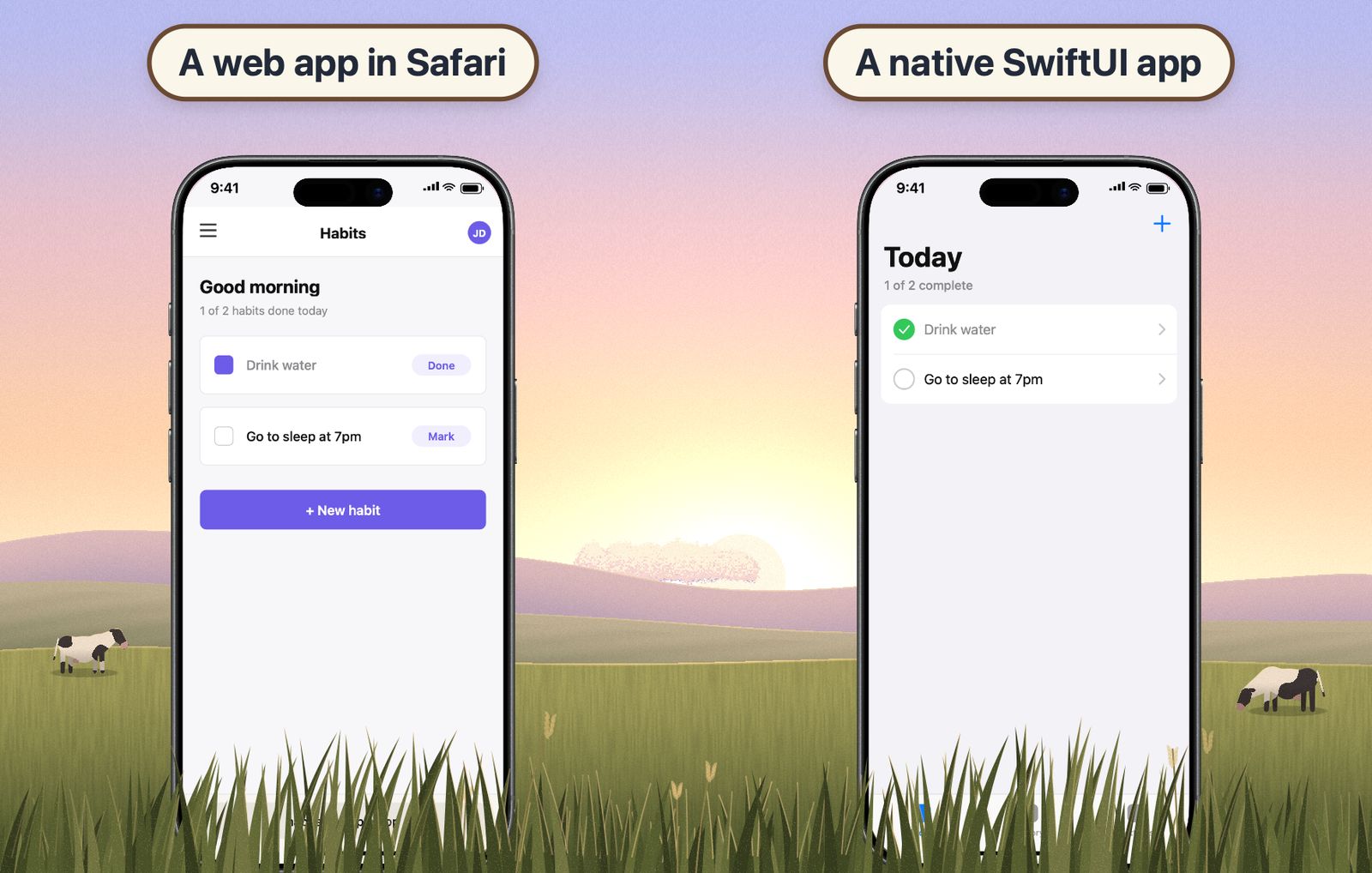 Two iPhones in a meadow showing the same habit tracker as a web app in Safari, with a browser address bar, and as a native SwiftUI app with system navigation and a tab bar.