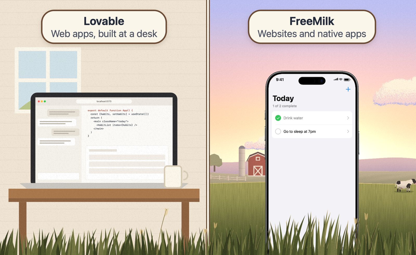 A split scene. On the left, a laptop on a desk shows a web app being built in a browser. On the right, an iPhone stands in a sunset meadow showing a native SwiftUI app.