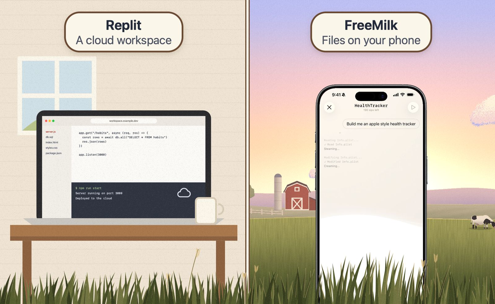 A split scene. On the left, a laptop on a desk shows a cloud workspace with files, code and a console. On the right, an iPhone stands in a sunset meadow showing the FreeMilk app.