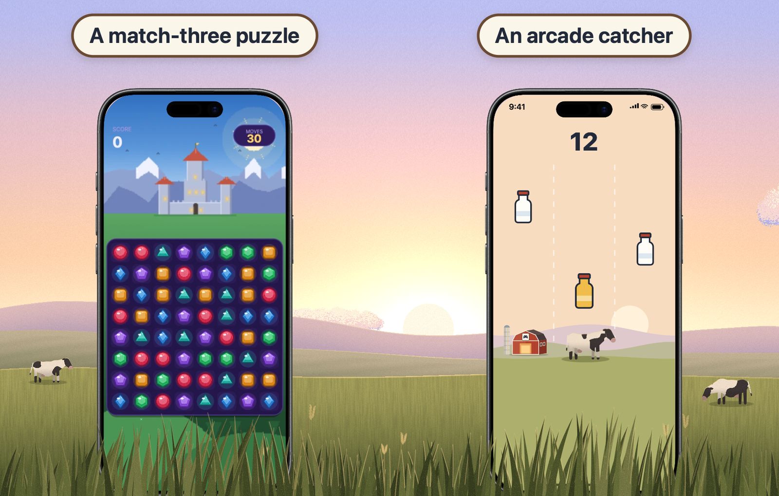 Two iPhones in a meadow showing two kinds of native games: a match-three gem puzzle and the Milk Run arcade game.
