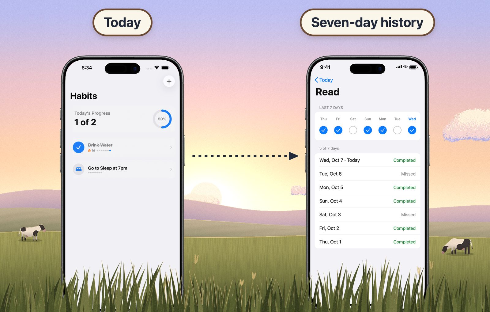 Two iPhones in a meadow: the Today screen of a habit tracker, and a new detail screen showing the last seven days for a habit called Read.