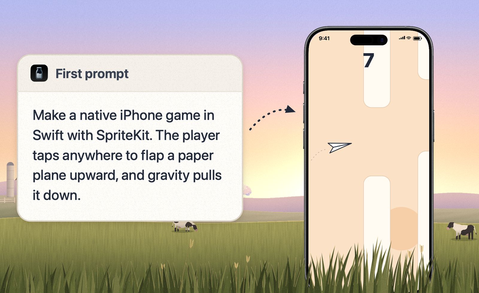 A prompt card for a paper-plane game beside an iPhone showing a paper plane flying toward a gap between cloud pillars, with a score of 7.