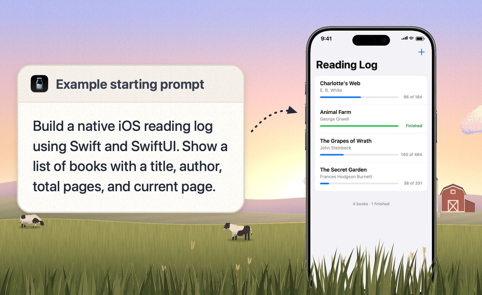A prompt card for a native iOS reading log beside an iPhone in a sunset meadow showing a Reading Log app with four books and progress bars.