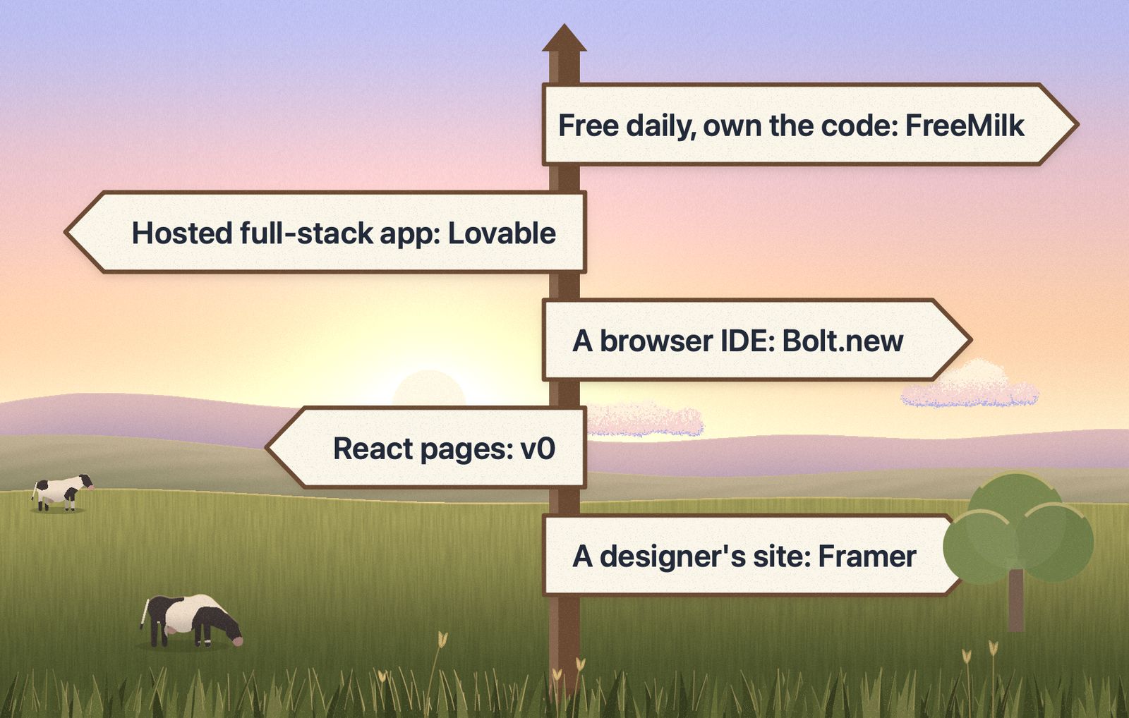 A wooden signpost in a meadow with five arrows: free daily and own the code points to FreeMilk, hosted full-stack app to Lovable, a browser IDE to Bolt.new, React pages to v0, and a designer's site to Framer.