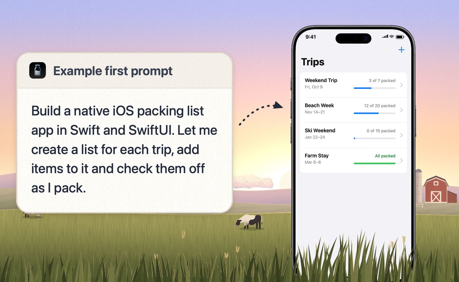 A prompt card for a native packing list app beside an iPhone showing a Trips screen with four trips and how many items are packed for each.