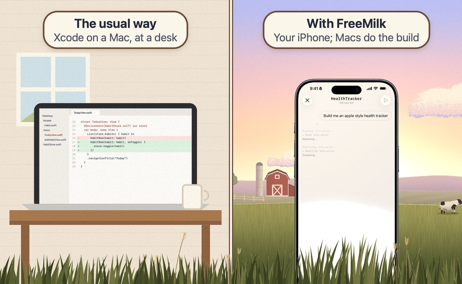 A split scene. On the left, a laptop on a desk shows Swift code in an editor. On the right, an iPhone stands in a sunset meadow showing the FreeMilk app building a health tracker.