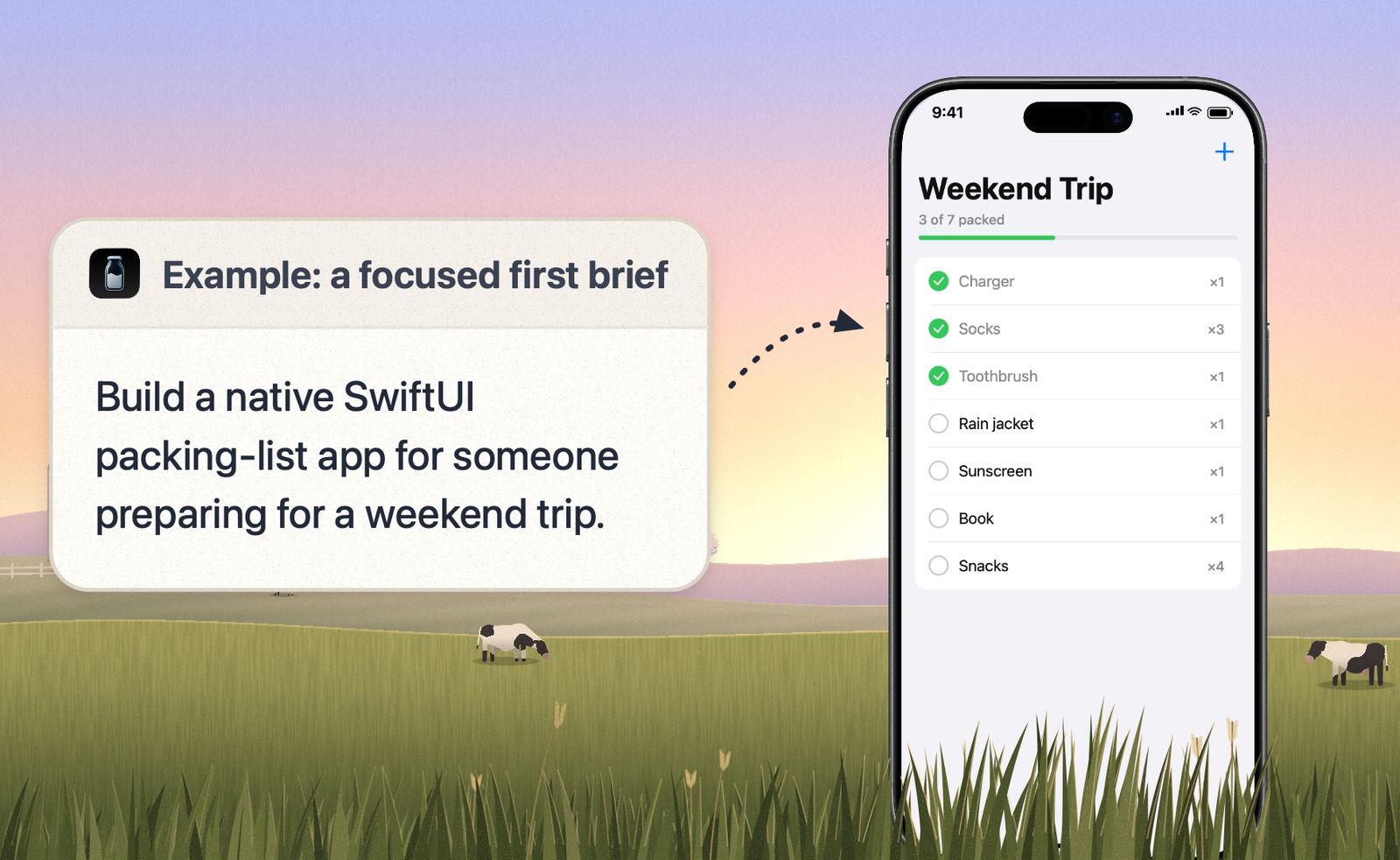 A prompt card for a SwiftUI packing-list app beside an iPhone showing a Weekend Trip list with three of seven items packed.