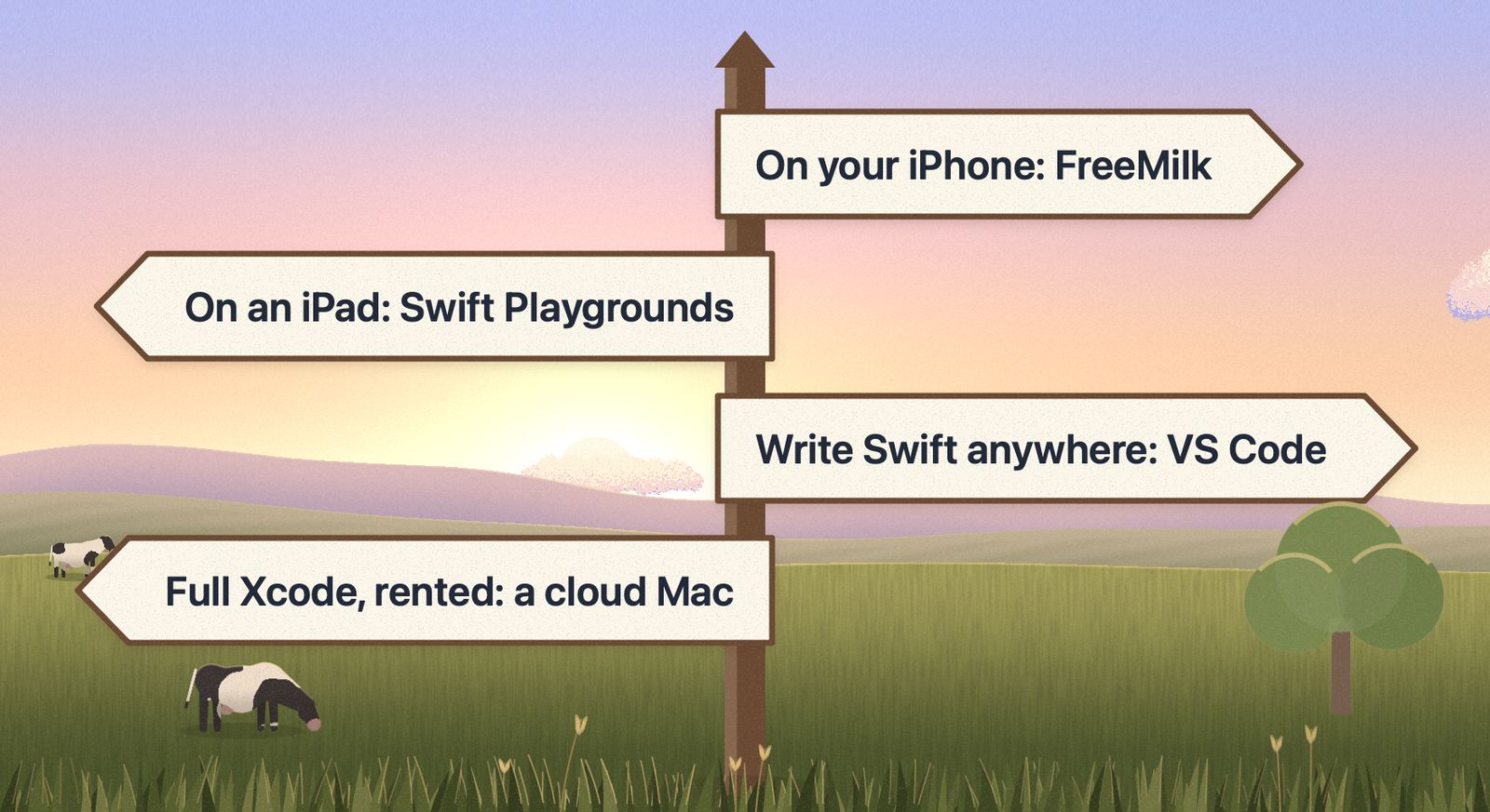 A wooden signpost in a meadow with four arrows: on your iPhone points to FreeMilk, on an iPad to Swift Playgrounds, write Swift anywhere to VS Code, and full Xcode, rented, to a cloud Mac.