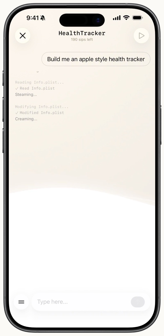 The FreeMilk app on iPhone: the prompt "Build me an apple style health tracker" above the agent's progress as it reads and modifies the project's Info.plist